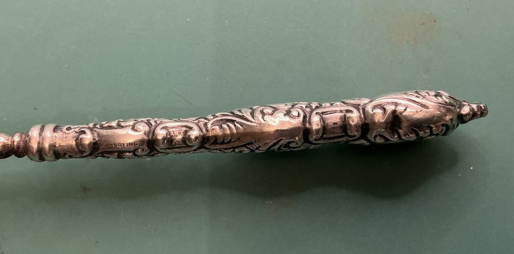 Button Boot Glove Hook Sterling Silver, Handle Floral Scrolling Design Antique