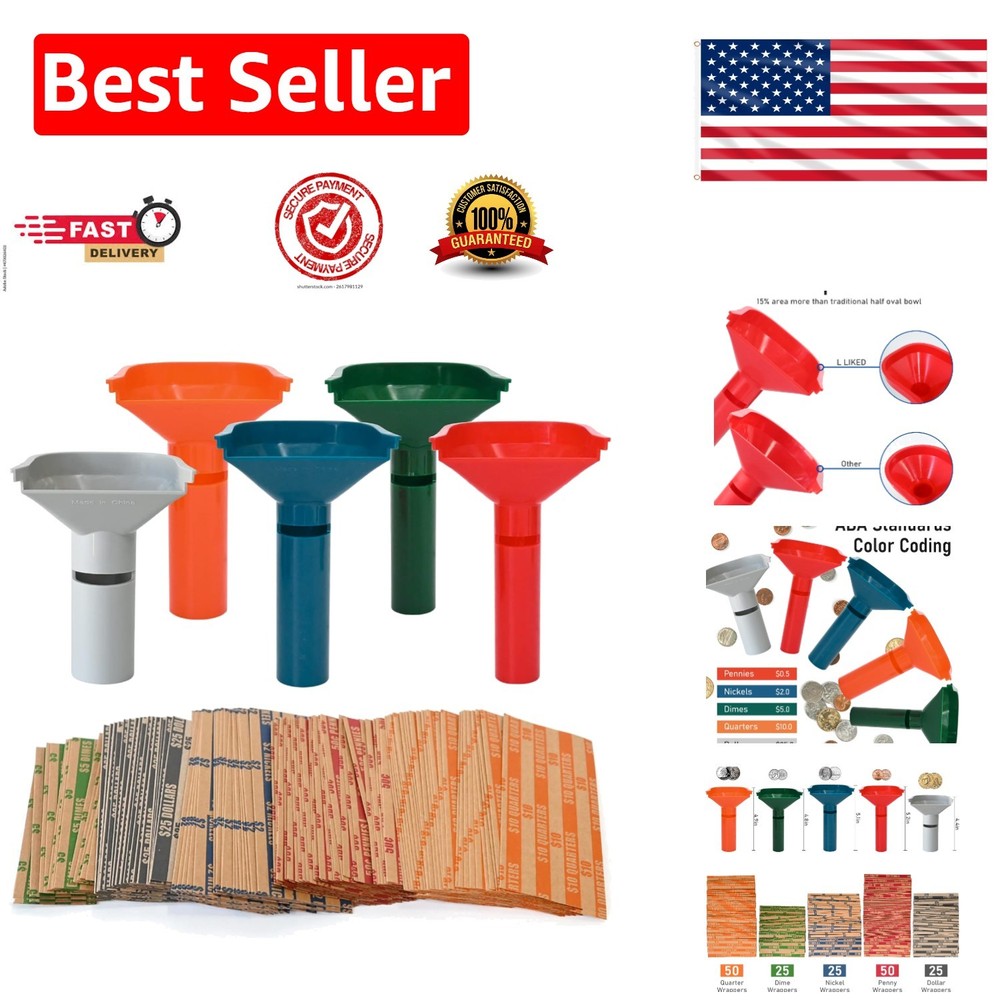 Complete Coin Sorting Solution: 175 Assorted Wrappers & 5 Color-Coded Tubes
