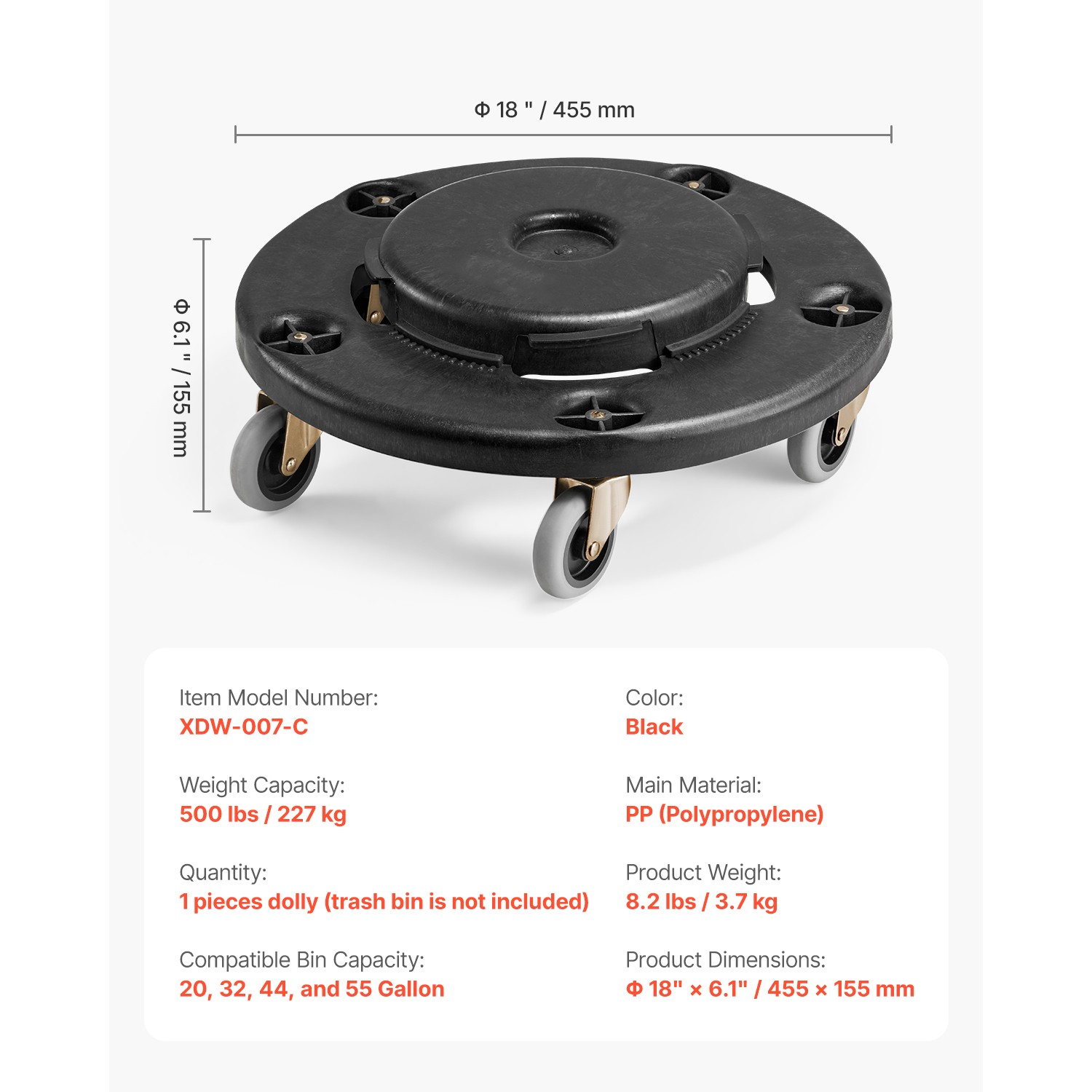 Round Trash Can Dolly Fit 20, 32, 44, 55 Gal Garbage Container 500lbs