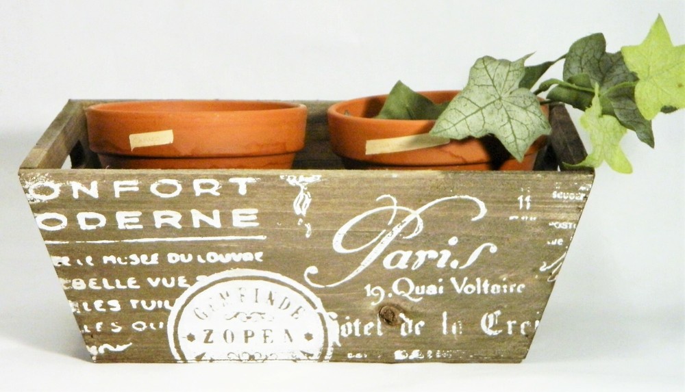 Wood Planter Flower Box French Script Handles 10.75" Container
