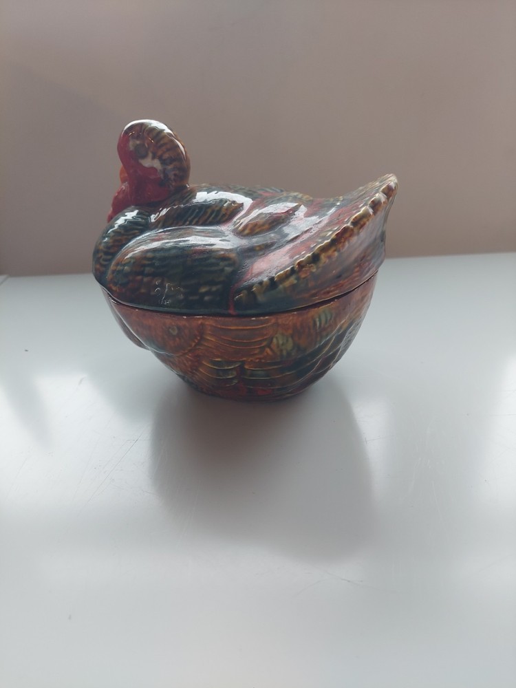 Vtg Ceramic Turkey Covered Candy Dish Signed Hand Painted