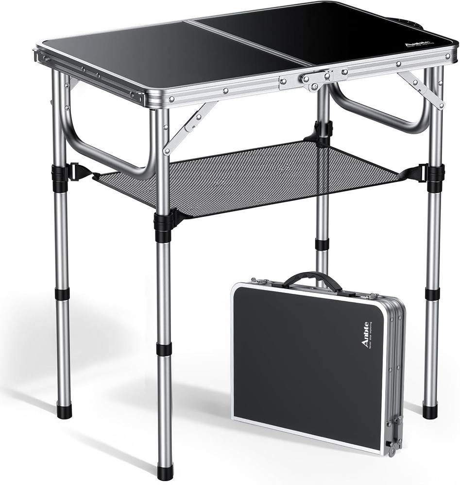 2ft Folding Camping Table W/ Storage Net 3 Adjustable Heights Small Folding