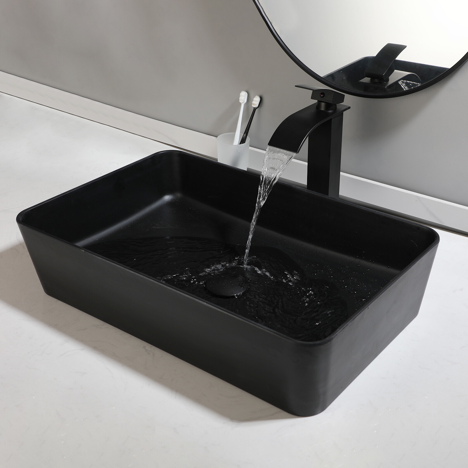 Bathroom Vessel Sink Rectangle Resin Basin Bowl &Waterfall Faucet And Drain Set