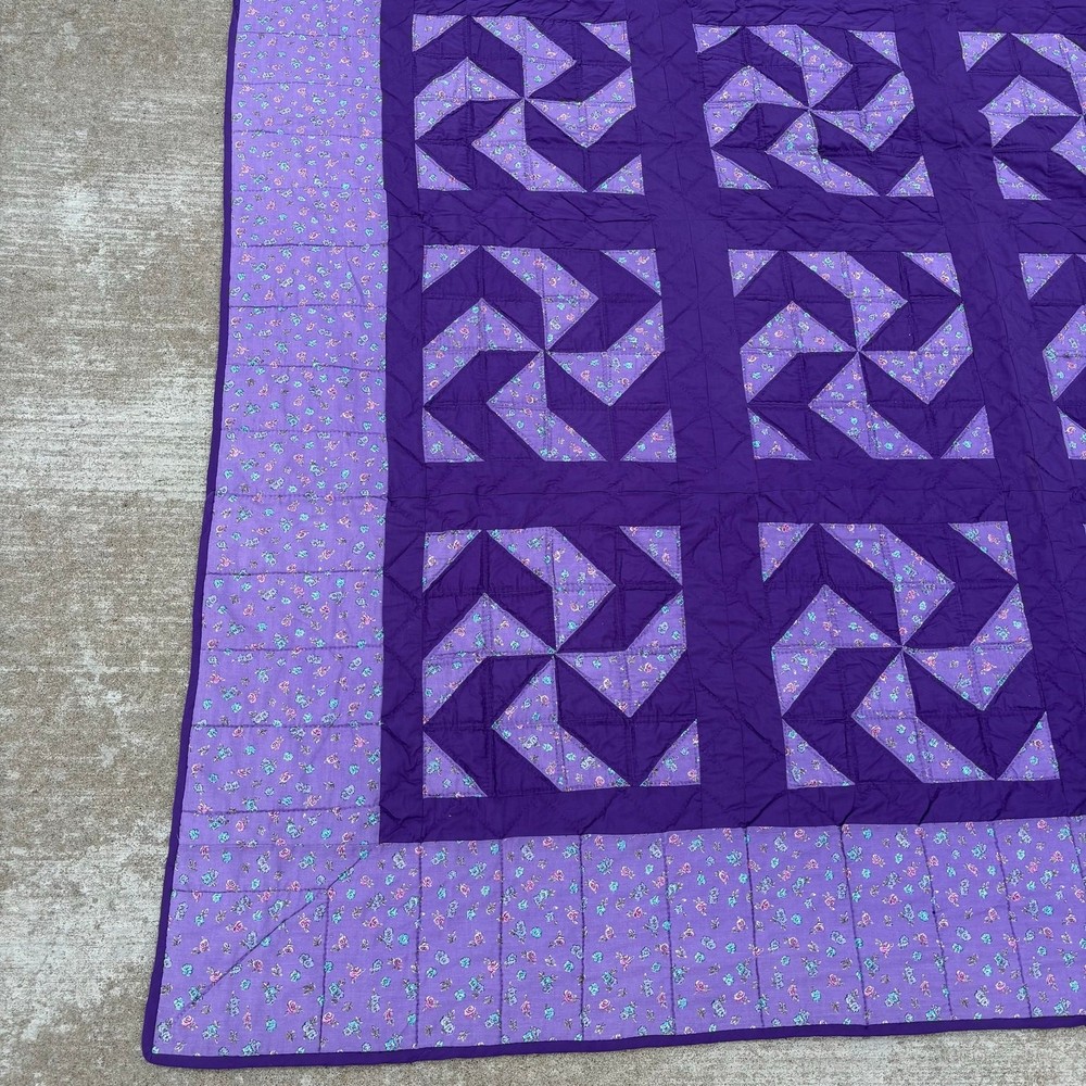 Vtg Patchwork Block Quilt Windmill Pattern 86”x99” Hand Made Cotton Purple