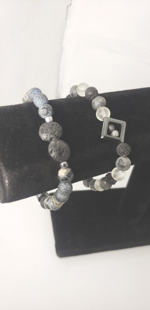 Beaded Stackable Gemstone Bracelet Set| Lava Stone & Cracked Agate Bracelets