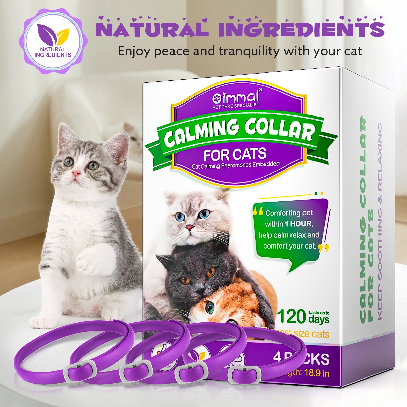 120Day Calming Collar for Cats Natural Calming Pheromones Embedded anxiety relax