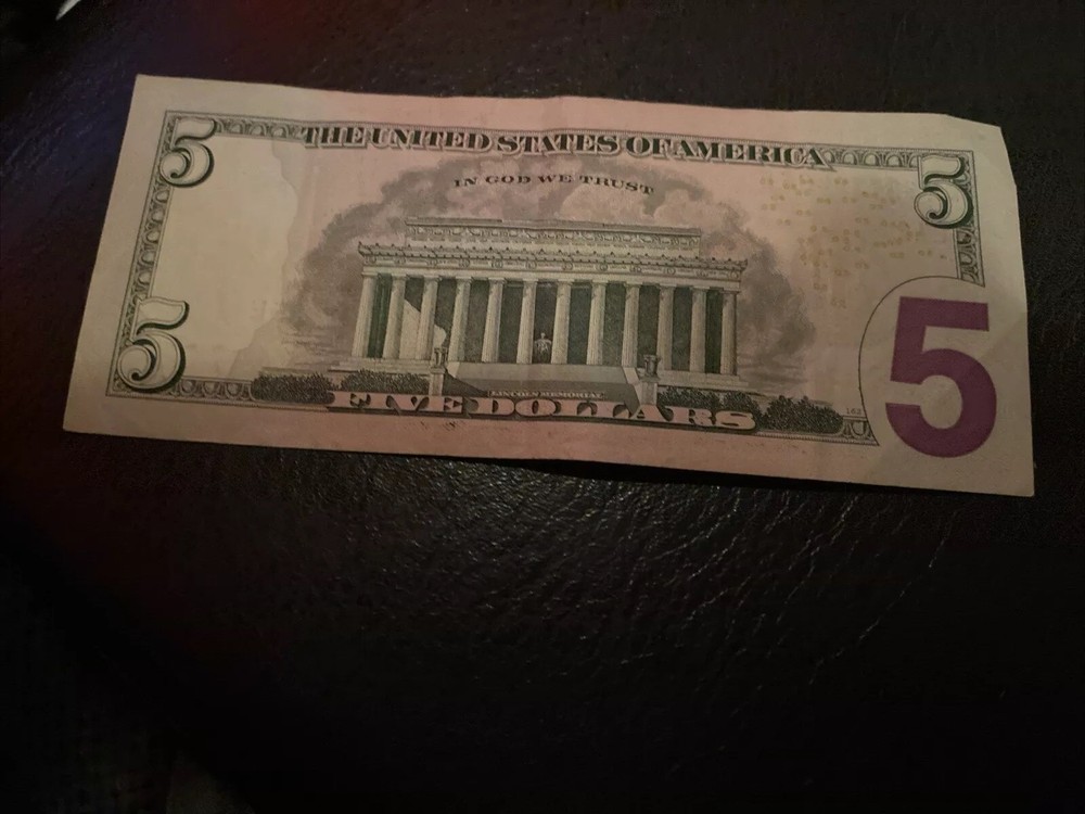 $5 Error Note: Green Seal Misaligned. On The 2 Sections Bleed Through