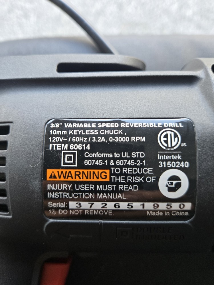 Drill Master 120 Volt 3/8" Variable Speed Reversible Plug-in Drill #60614 C