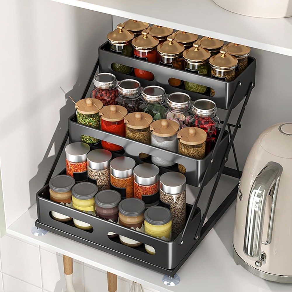 Three-Tier Foldable Spice Rack For cabinet use, black