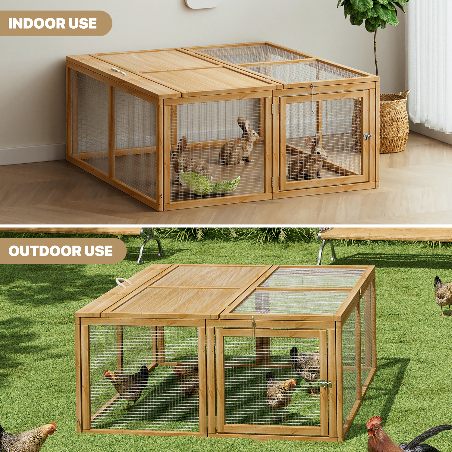 46"Folding Wooden Chicken Coop Cage Rabbit Hutch Natural Small Pet Poultry House