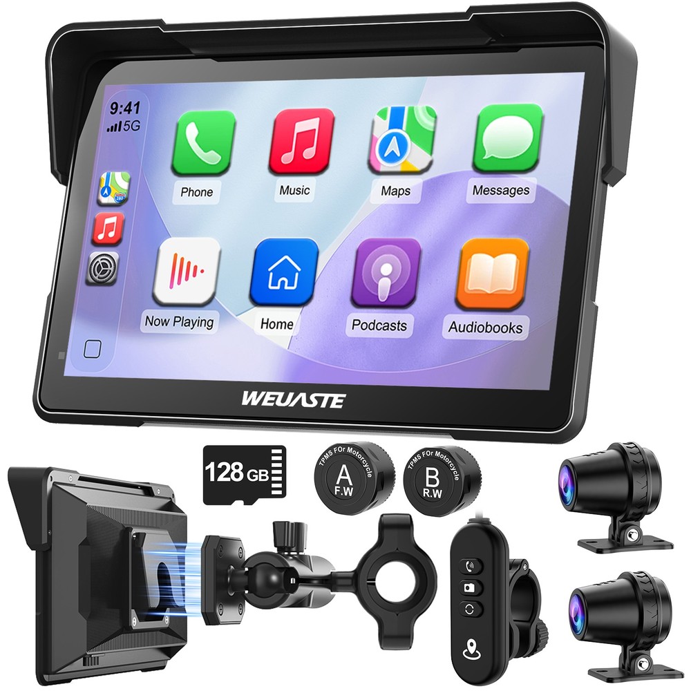 7" Motorcycle Carplay GPS Navigation HD Waterproof Screen (Includes 128G SD)/ BT