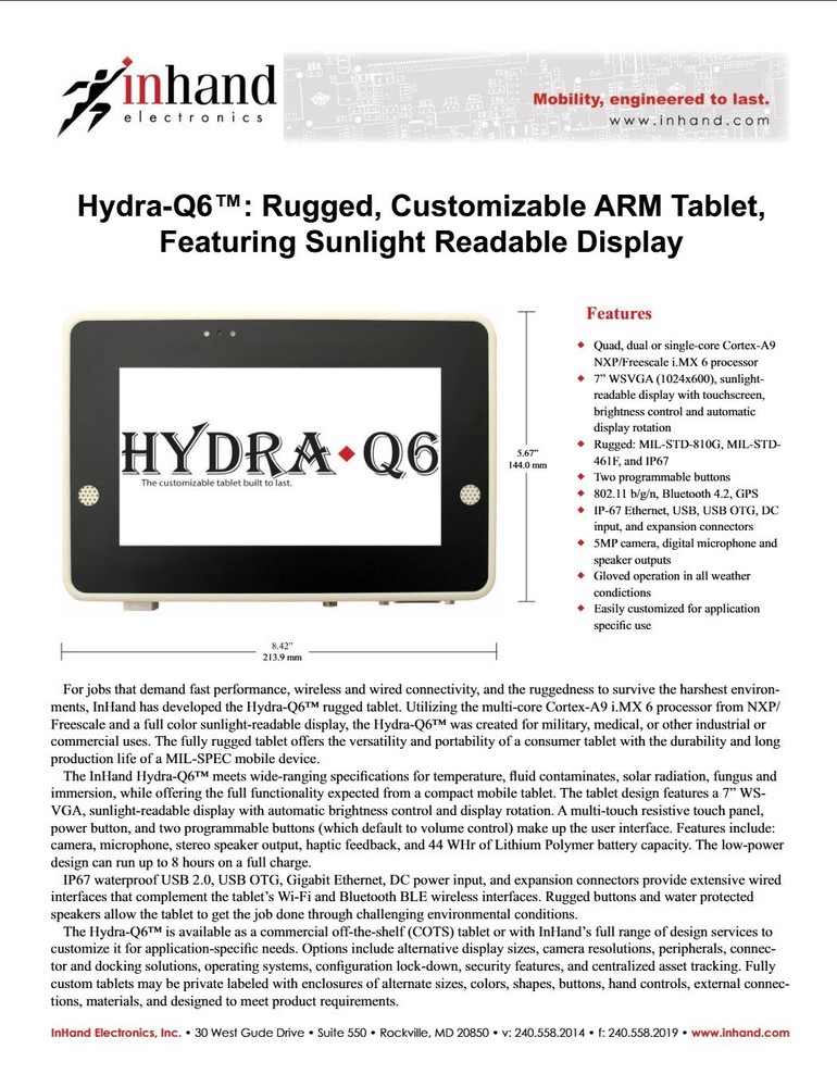 InHand Electronics Hydra‑Q6 rugged ARM tablet - Custom General Dynamics