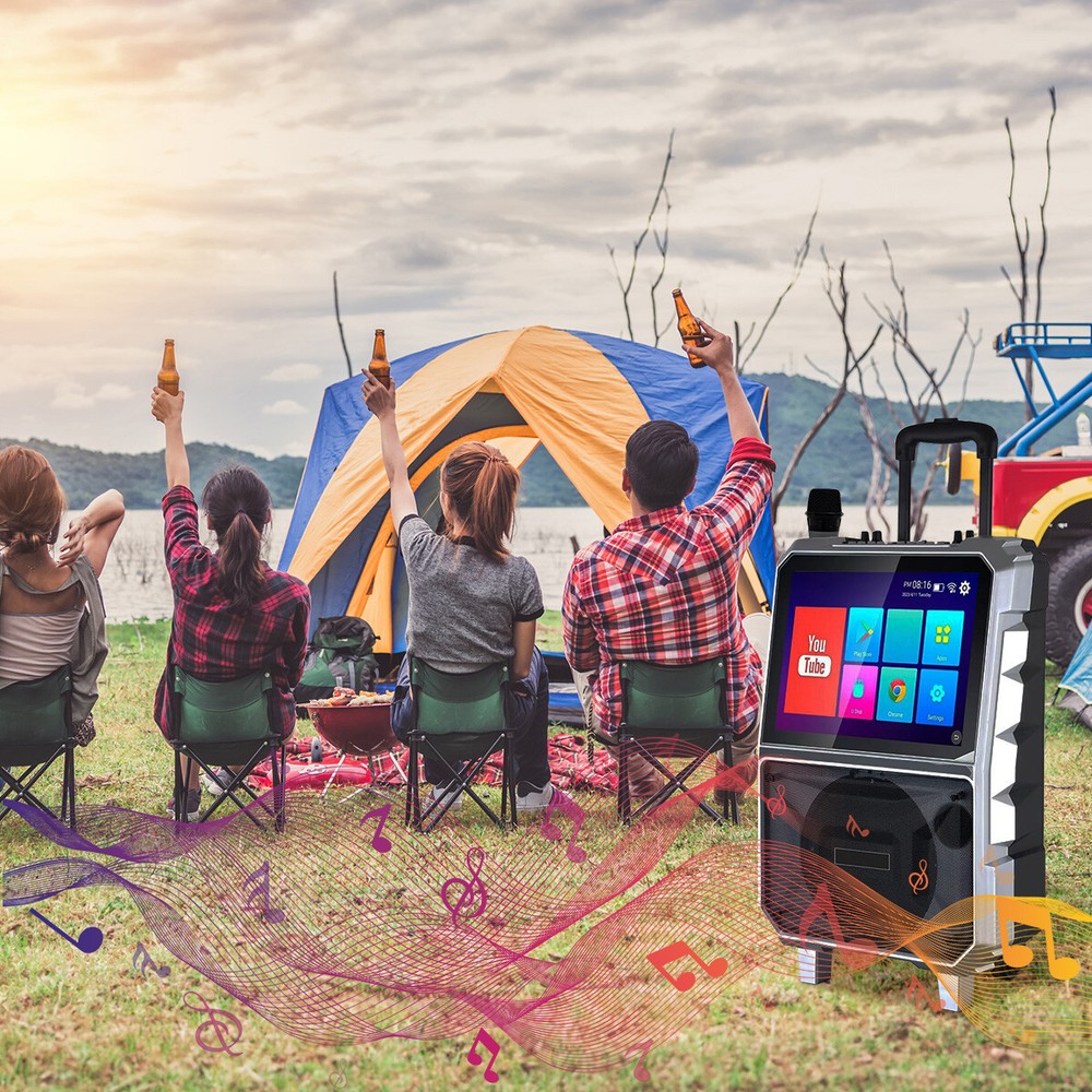 8” Woofer Bluetooth Speaker Karaoke Machine W/Wireless Mic LED Light 14" Tablet