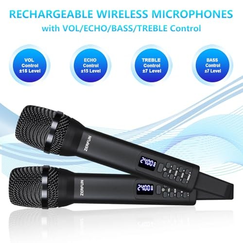 Dual Rechargeable Wireless Microphones, Pro Handheld Cordless 2 Mics, Black