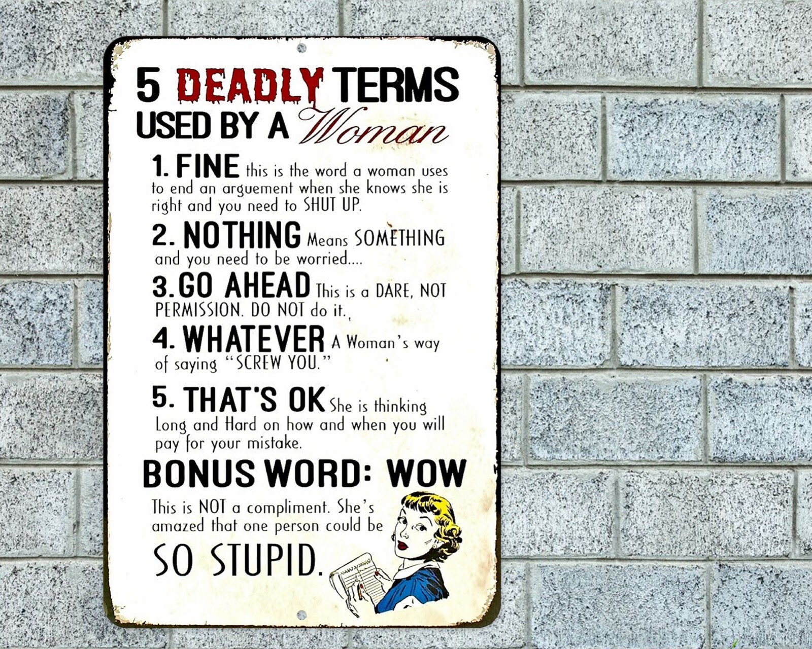Deadly Terms Used Woman Sign Aluminum Metal 8"x12" Funny Wife Man Cave Garage
