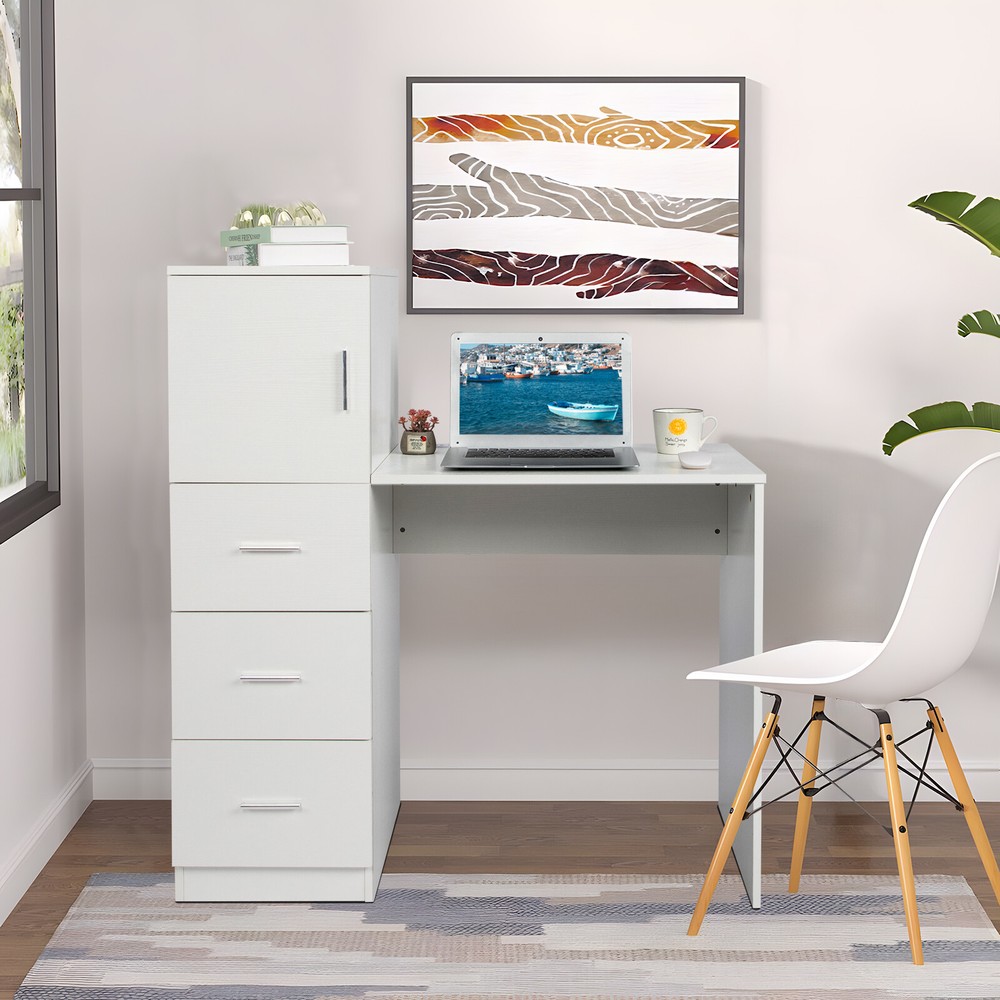 White embossed chipboard computer desk with 2 power sockets