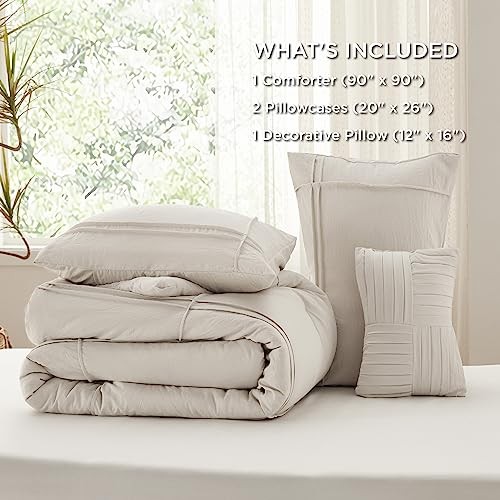 Beige Comforter Set - 4 Pieces Grid Pleated Bed Set, Down Queen 17 - Grid
