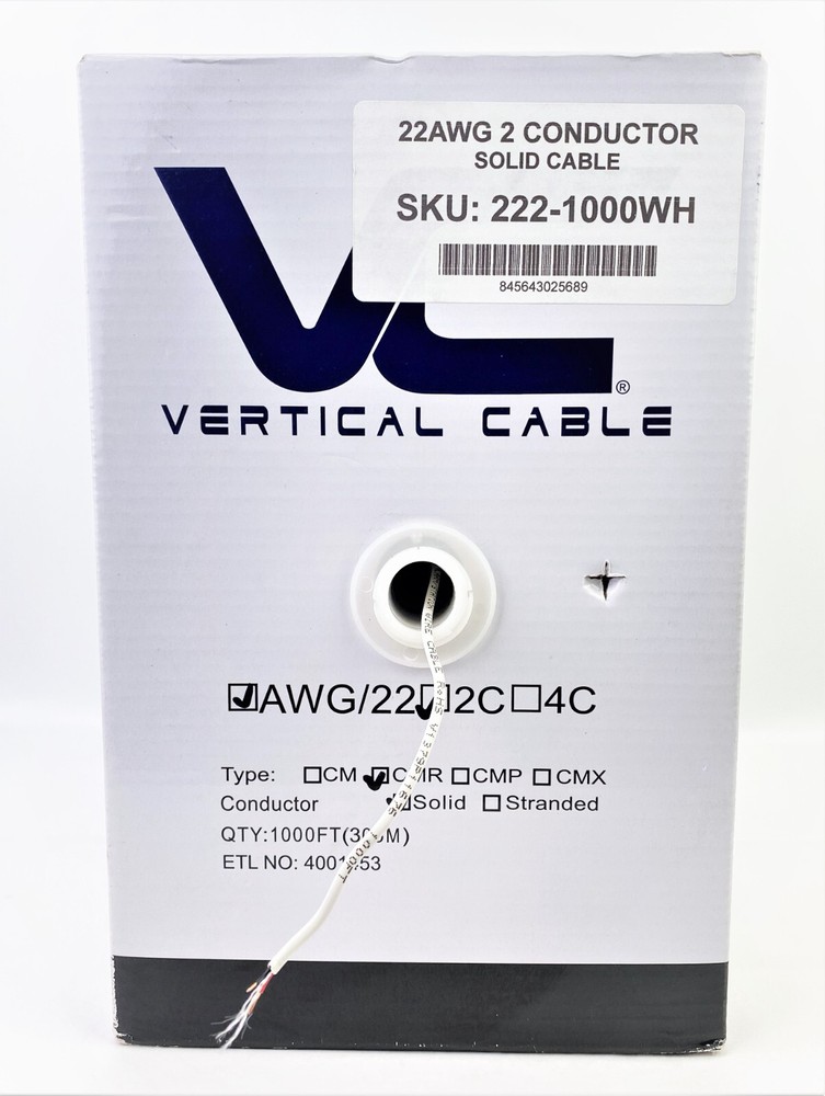 Vertical Cable 293-2157 Alarm-Security Wire, 22AWG, 2 Conductor Solid, 1000 FT