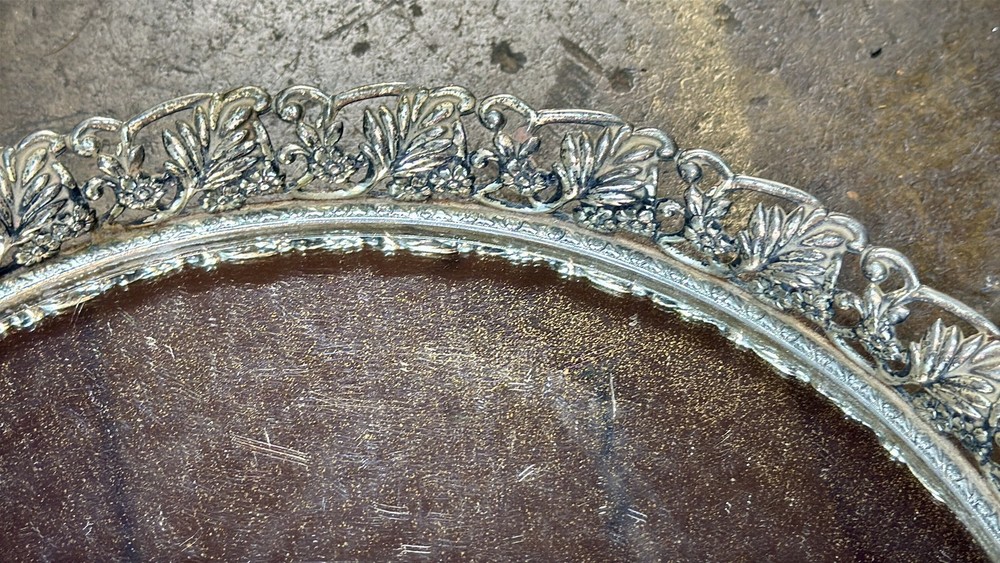 Round Ornate Silver Plated Dresser Mirror