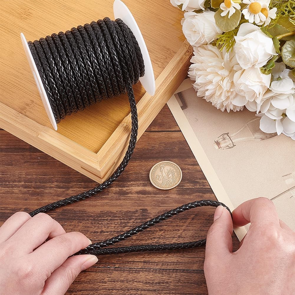 PH PandaHall 10.9 Yards Braided Leather Cord 5mm Round PU Strap Black
