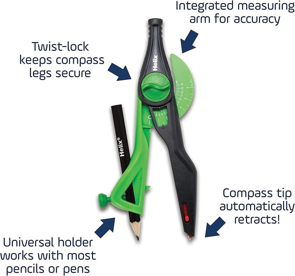 Helix - Plastic Locking Compass and Protractor - 2 Piece Set - Geometry, Draf...