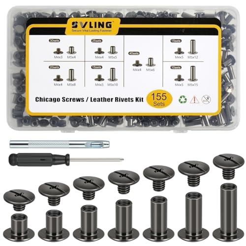 155 Sets Black Chicago Screws Leather Rivets Kit, 7 Sizes
