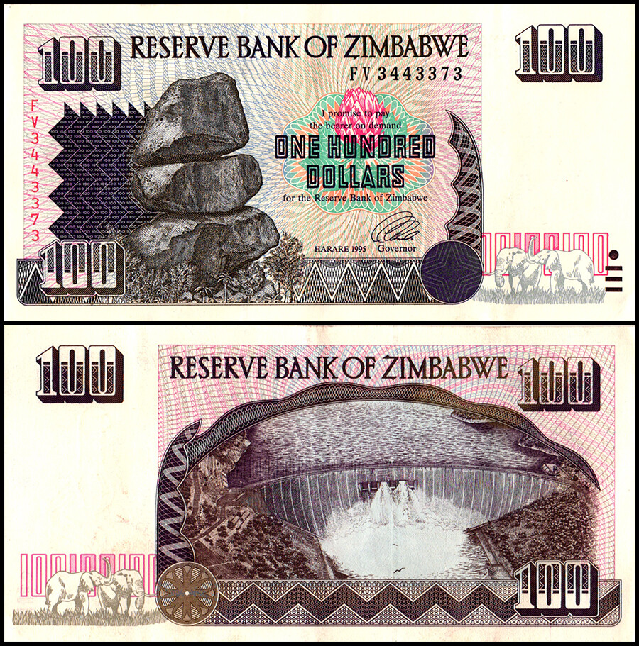 Zimbabwe 100 Dollars, 1995, P-9, Used X 100 PCS Bundle Pack