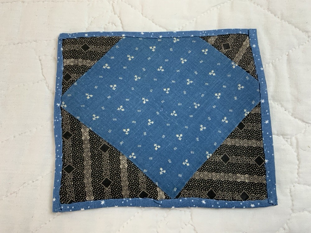 Antique Patchwork Quilt Table Topper, Early Calicos, Blue & Black, Triangles