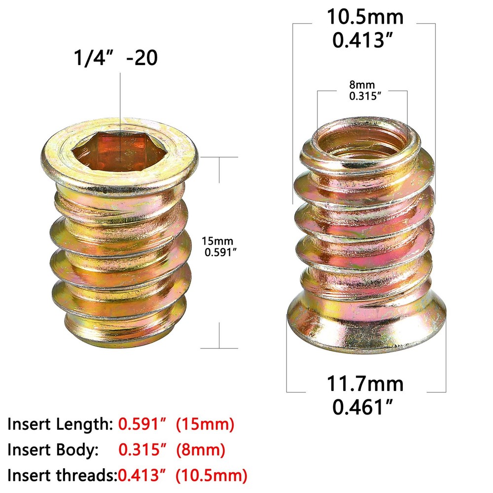 80pcs 1/4-20 Threaded Insert Nuts Wood 15mm Kit w/ Drill Bit & Hex Key