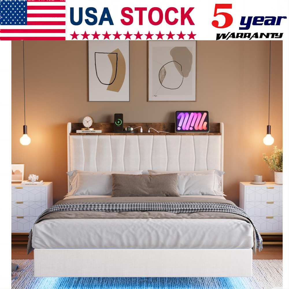 🔝Full Queen King Upholstered Floating Bed Frame with LED Lights,Charging Statio
