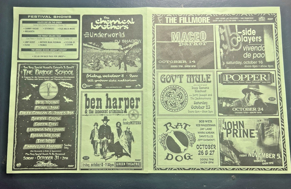 1999 Bridge School Concert Flyer; Neil Young Pearl Jam Brian Wilson The Who