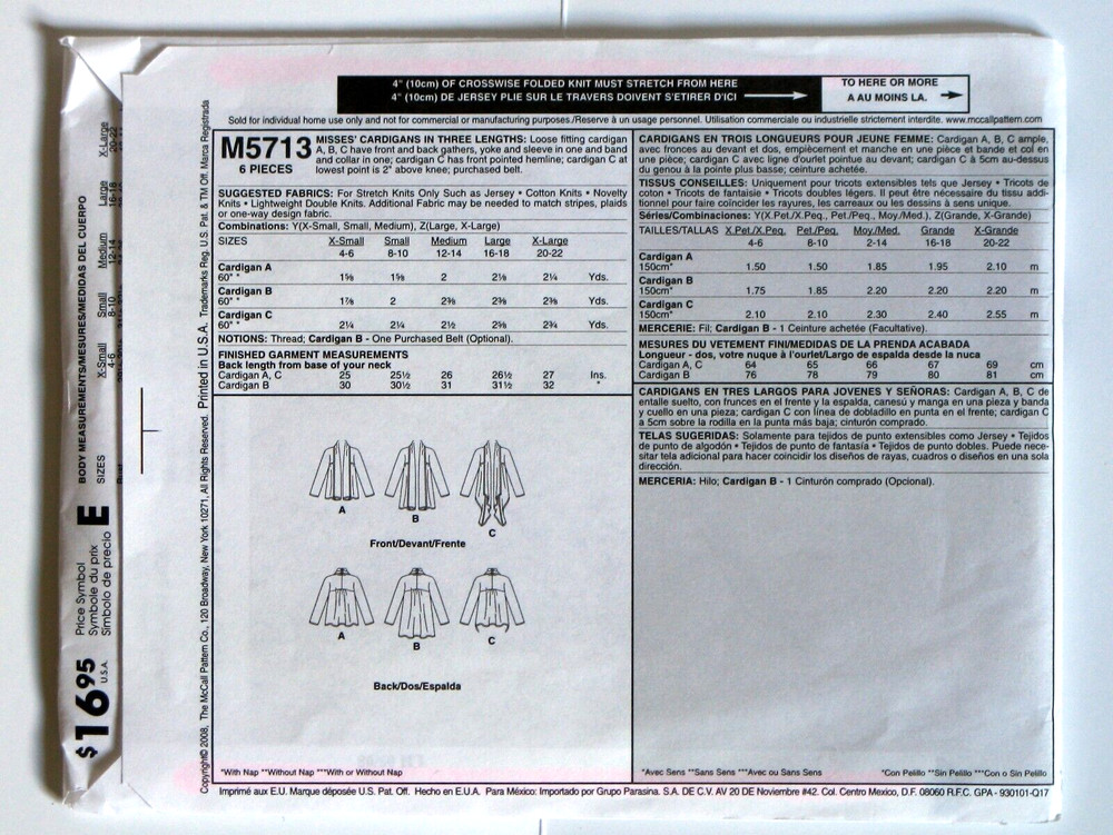 McCall's M5713 Sewing Pattern, Misses' Cardigans, Sizes: Xsm, Sml, Med