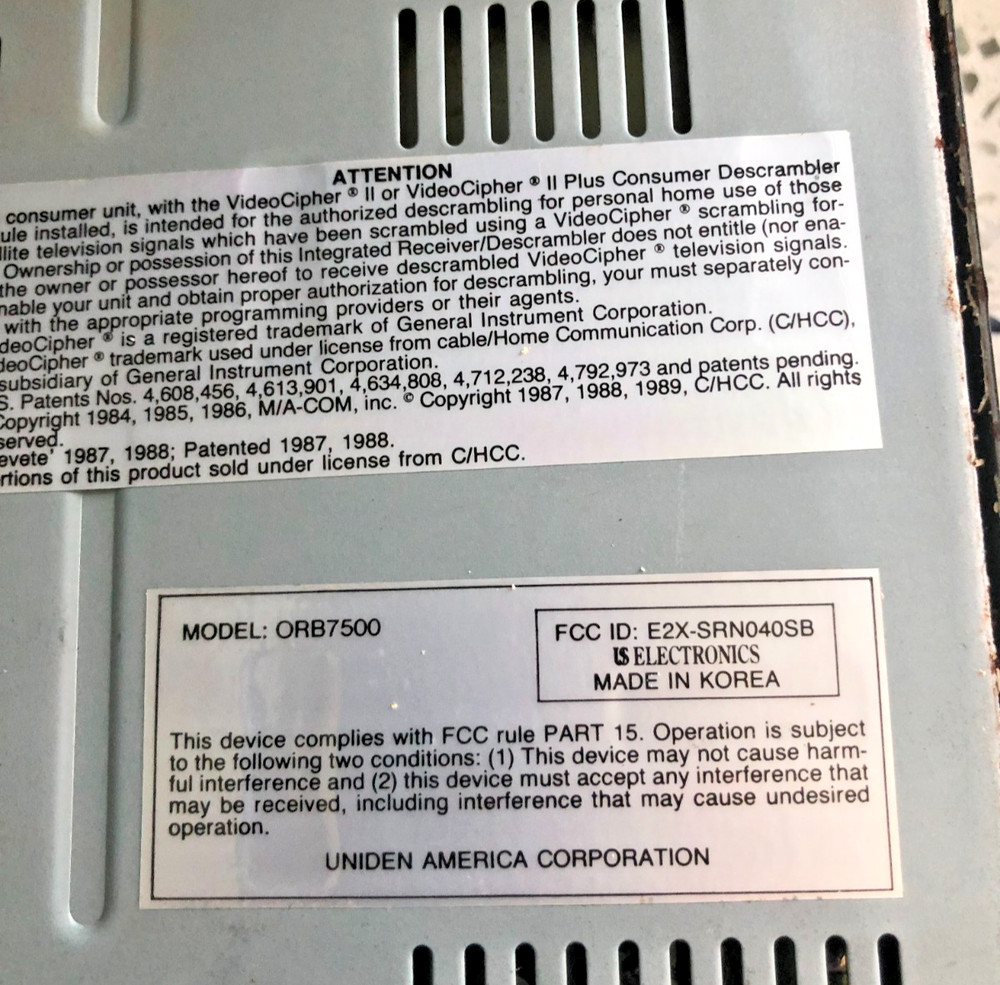 US Electronics Satellite Receiver Videocipher Descrambler ORB7500 Videopal