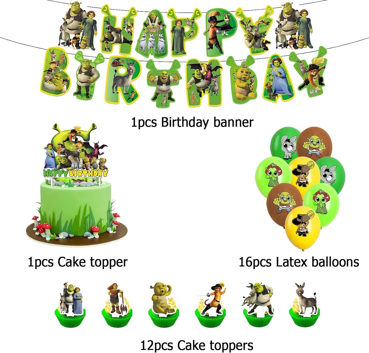 Shrek Theme Kids Birthday Party Decorations Set,Balloons Banner Cake Toppers NEW