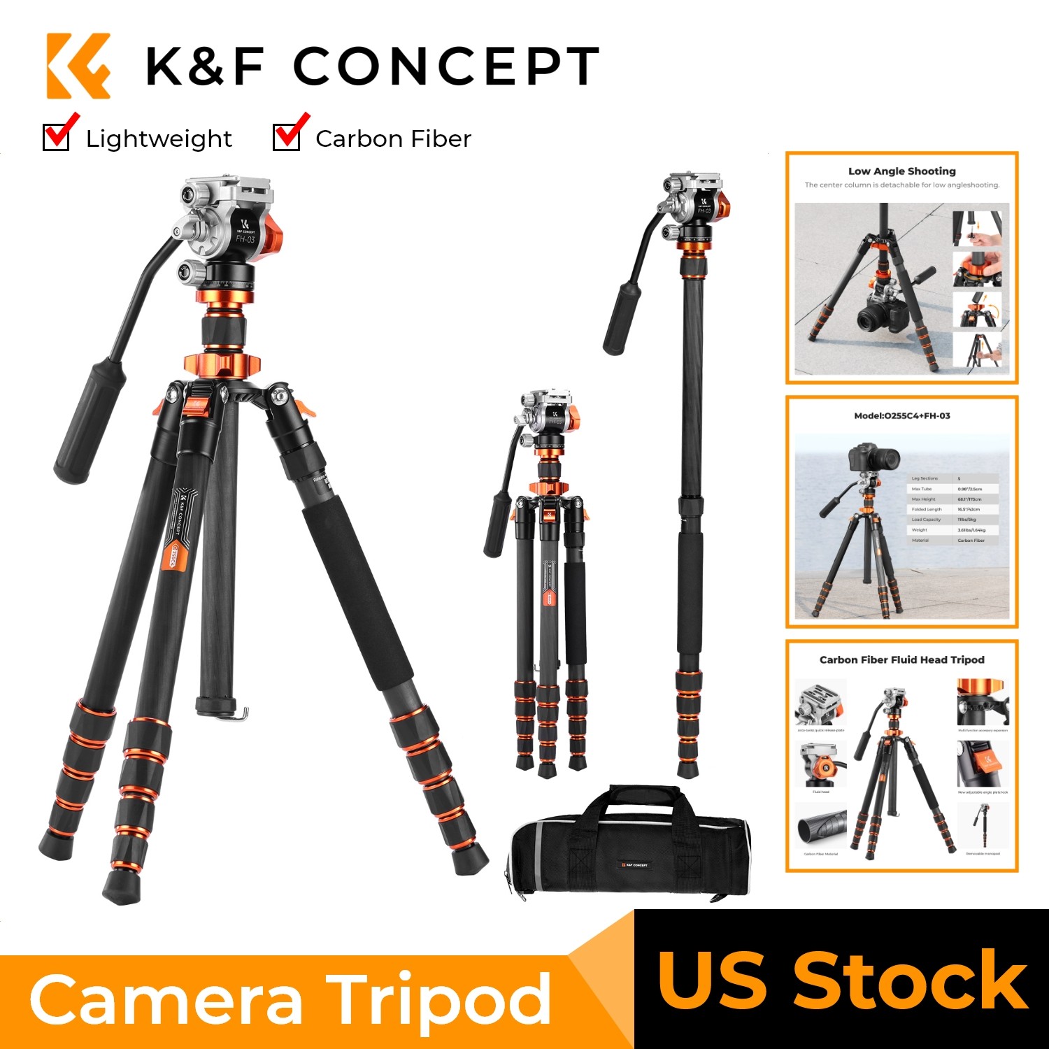 K&F CONCEPT 68" Carbon Fiber Tripod Video Tripod w/ Fluid Head Load Capacity 8kg