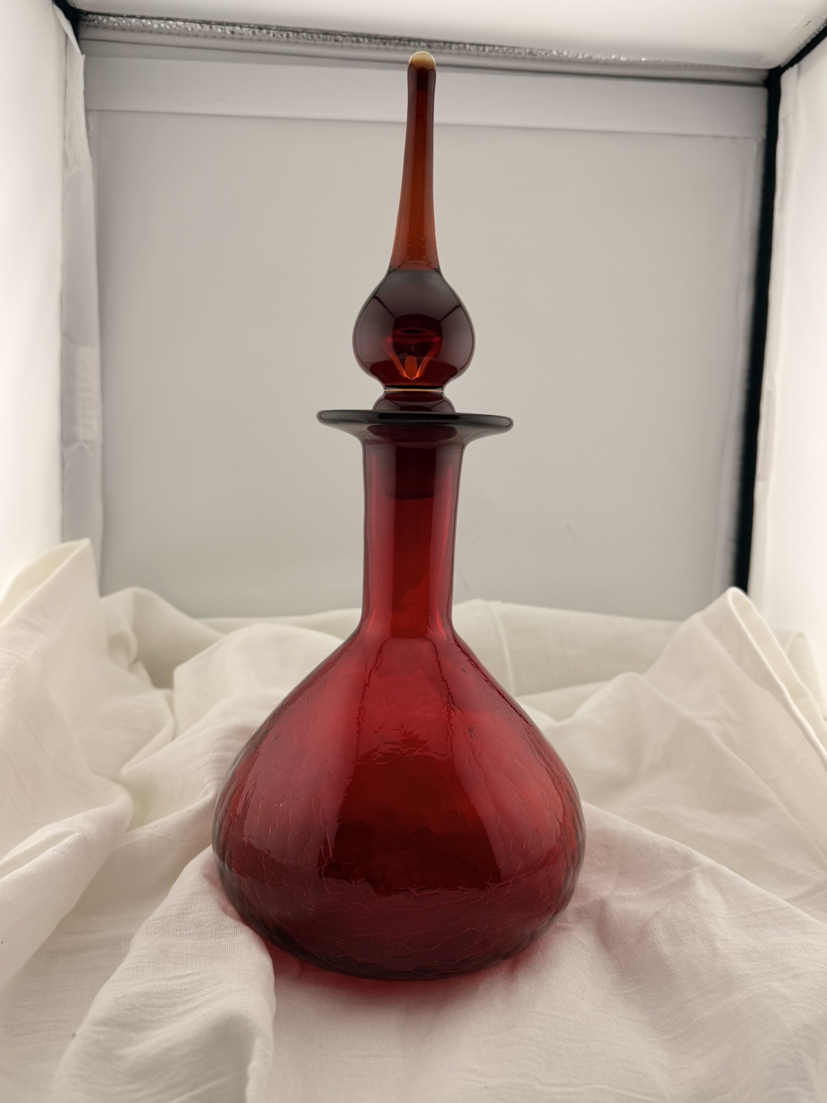 Vintage Blenko Red Glass Decanter Hand Blown Mid Century Modern Art Glass Ruby