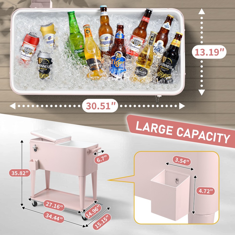 80QT Pink Outdoor Rolling Cooler