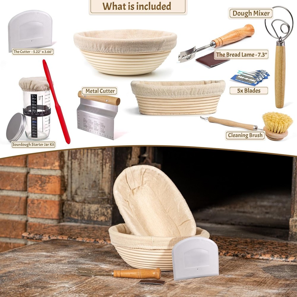 Yeast Bread Baking Supplies Starter Kit, Oval Leavening Basket