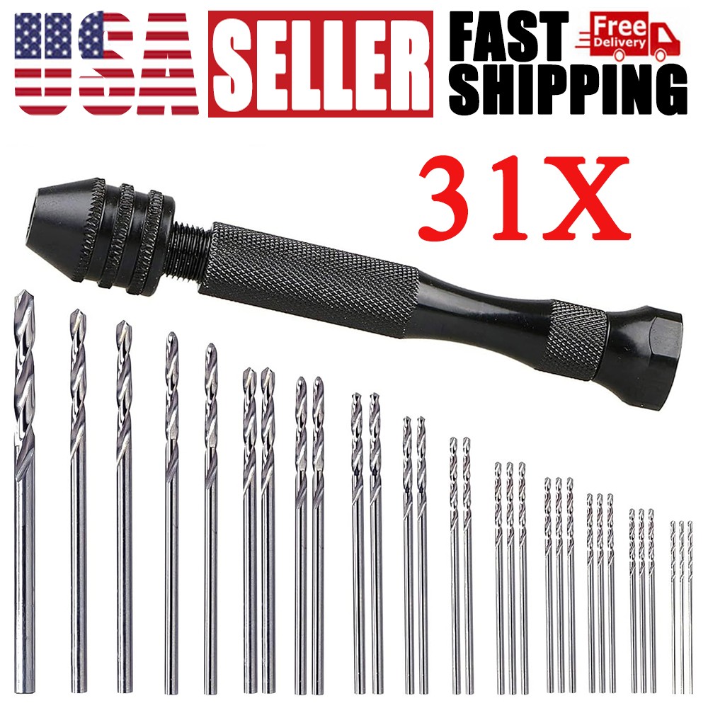 31Pcs Mini Micro Hand Drill Bits Set Small Manual Keyless Chuck Pin Vise Rotary