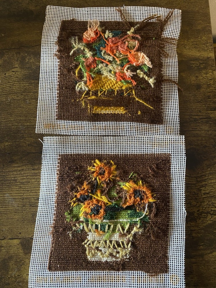 Two Finished Needlepoint BASKETS Sunset Designs 1978 VTG 5" X 5"