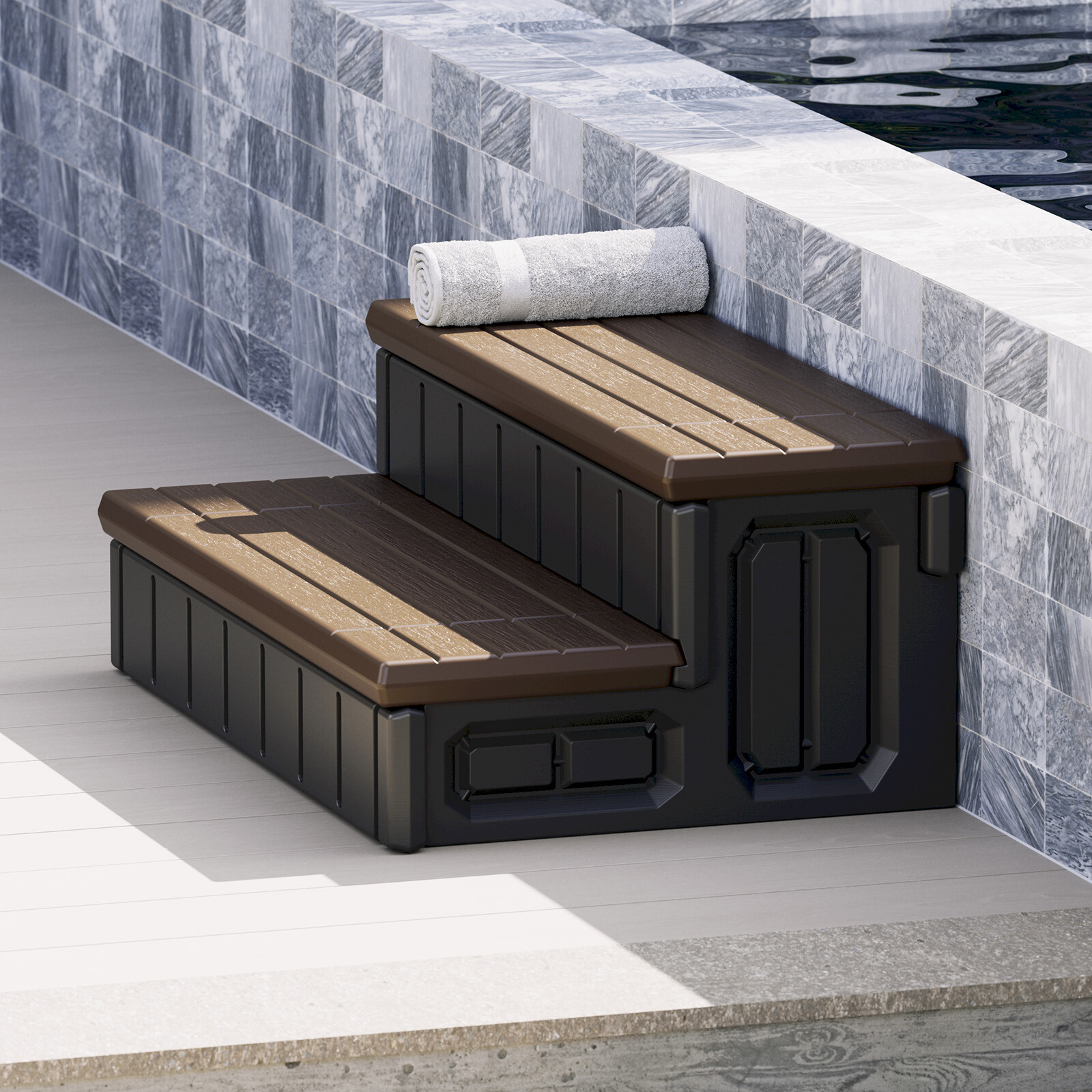 Brown+Black Universal 2 Slip-Resistant Spa & Hot Tub Step Outdoor with Storage
