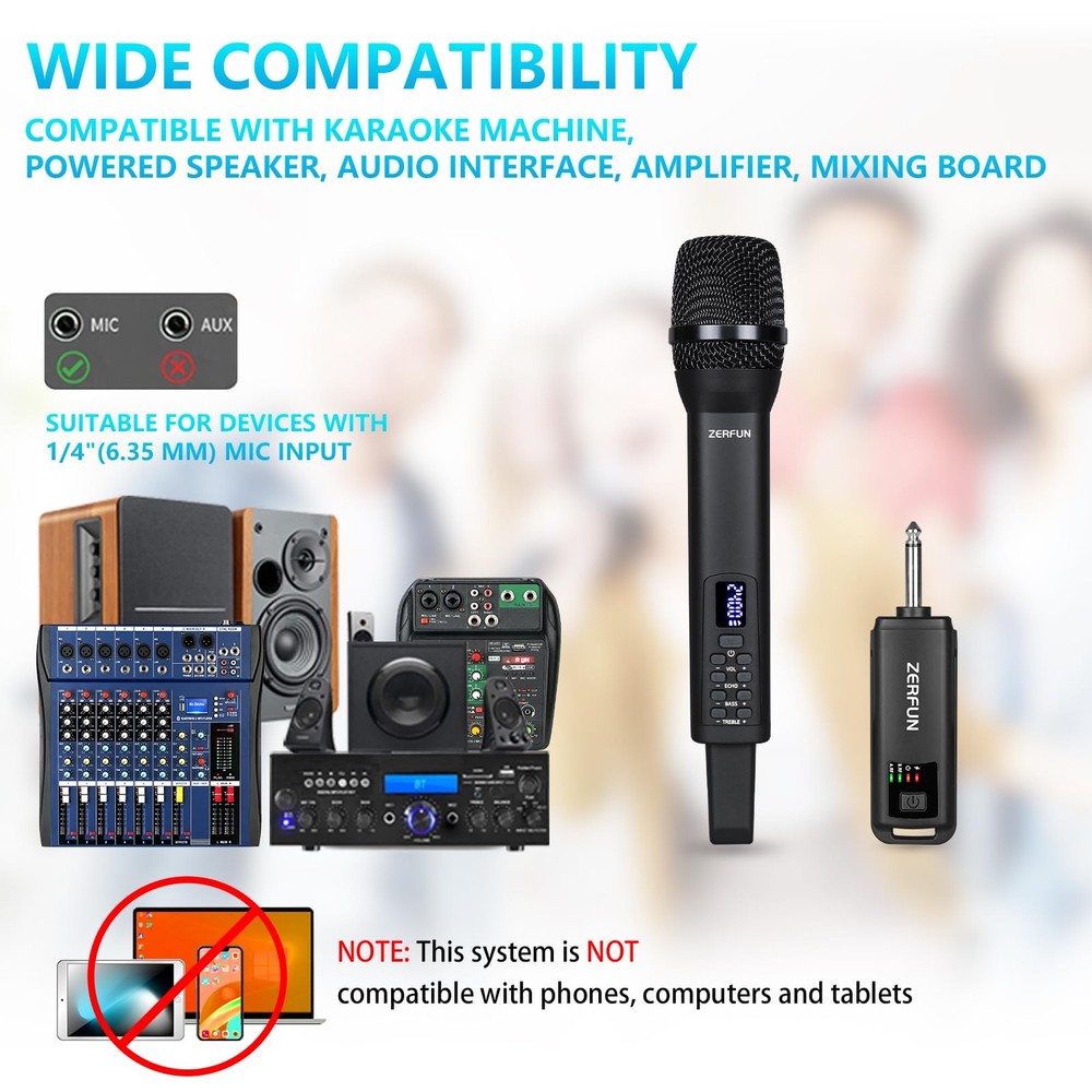 Rechargeable Wireless Microphone, Handheld Cordless Mics System Dynamic with ...