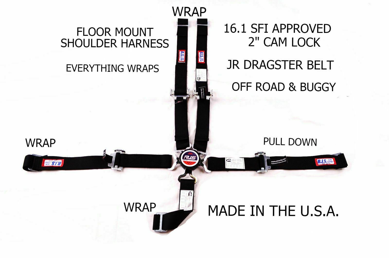 RJS RACING SFI 16.1 5PT 2" CAM LOCK JR DRAGSTER HARNESS BELT FLOOR BLACK 1017501