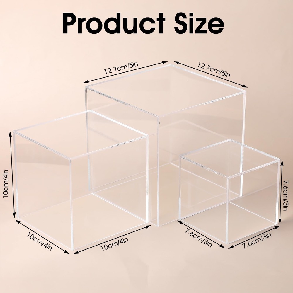 3 Pcs Acrylic Boxes for Display, 3" 4" 5" Small Square Clear Acrylic Cube wit...