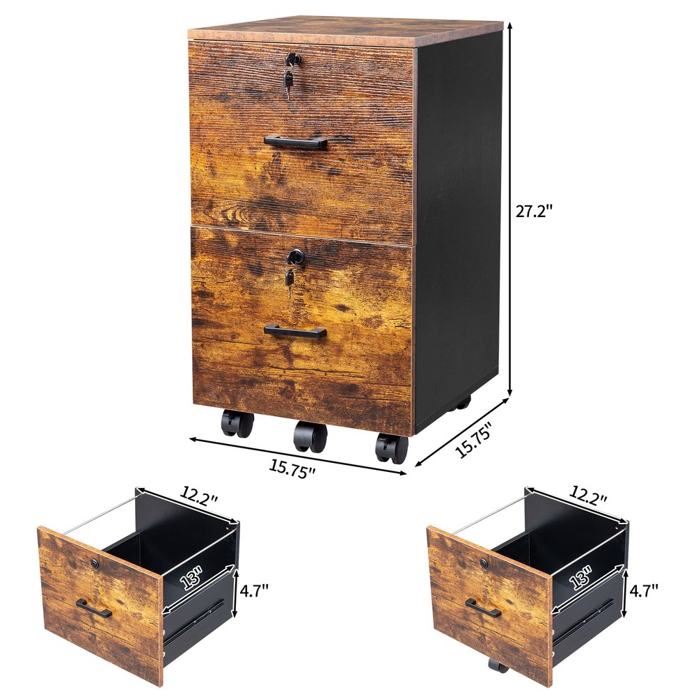 2-Drawer Small Rolling File Cabinet with Lock Rustic Brown & Black 27.2" H