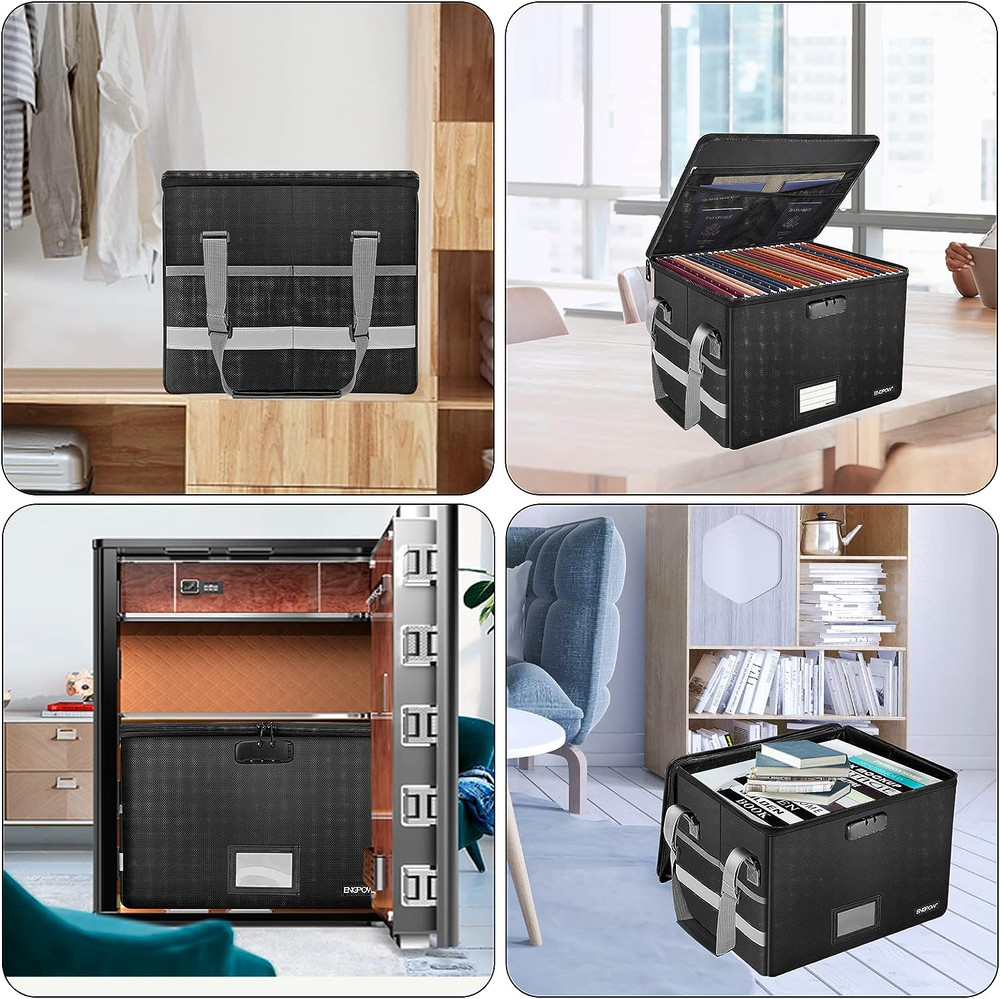 File Box with Lock,Fireproof Document Box with Zipper＆Pockets,Collapsible File O