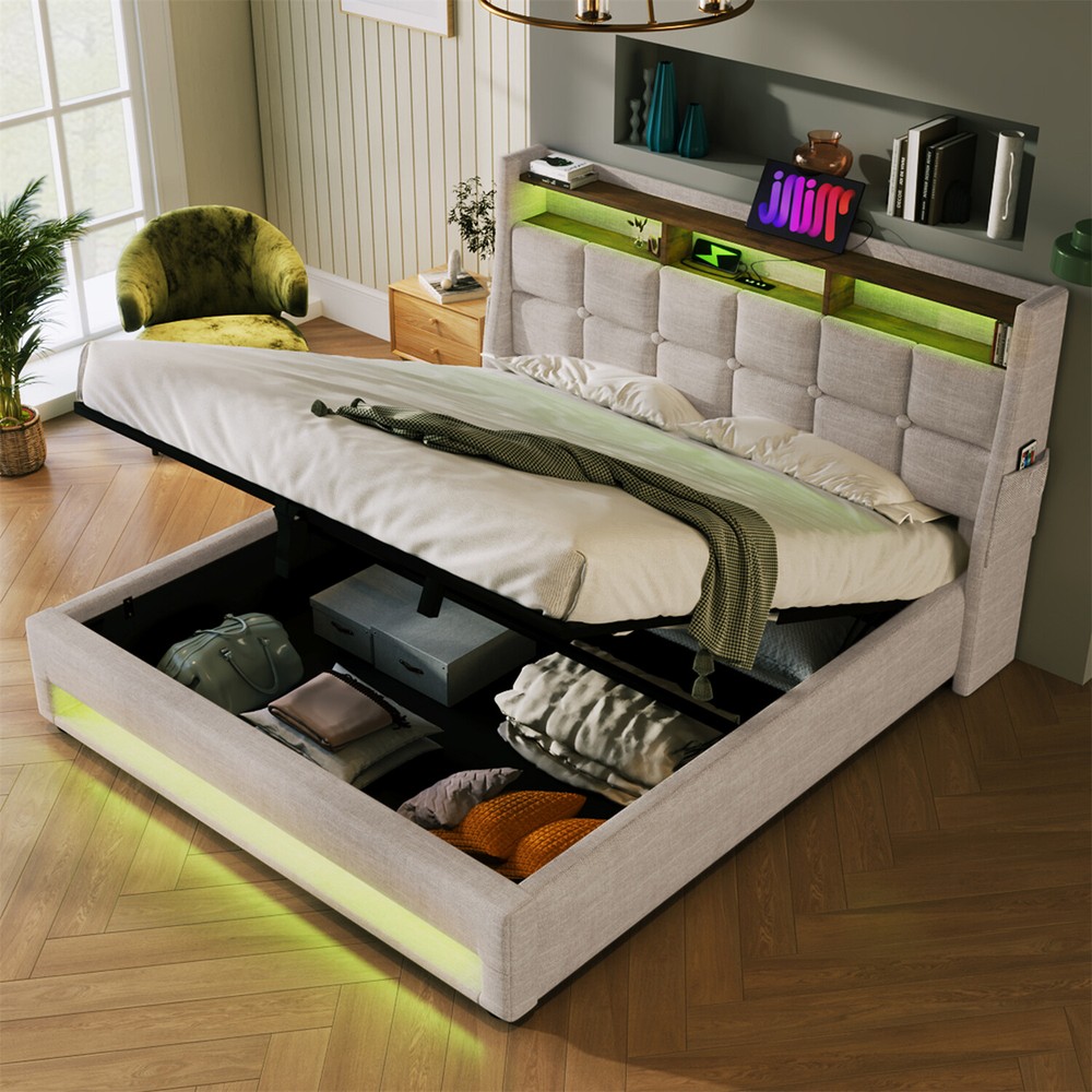 Queen Size LED Bed Frame Upholstered Platform Bed w/ Hydraulic Storage System