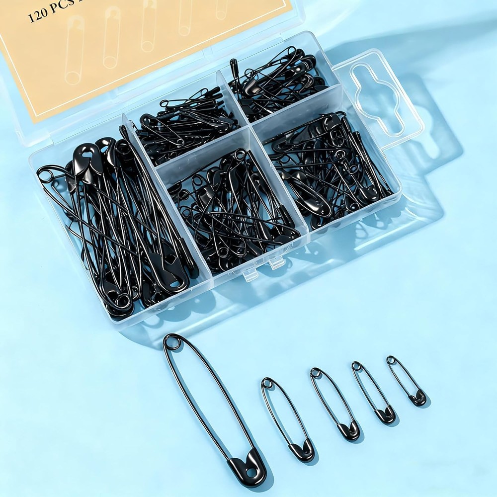 120 PCS 5 Different Sizes Black Safety Pins Assorted, Small and Large