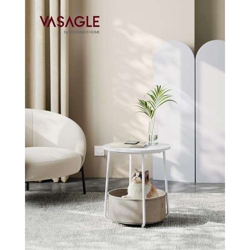 Small Round Side Table W/ Fabric Basket Modern Nightstand Quick Assembly New