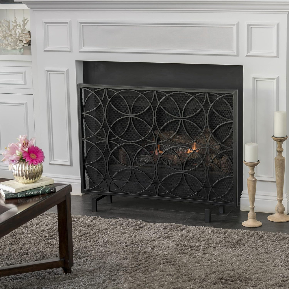 Valeno Black Iron Fireplace Screen - Elegant Single Panel Design